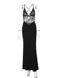 Purpdrank  Black Lace Mesh Maxi Dress for Women Sexy Metal Circle Cut Out Deep V Neck Sleeveless Criss Cross Back Bodycon Party Dress