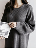 Autumn Winter Oversize Women's Knitted Dresses New O-Neck Side Split Loose Long Sleeve Sweater Dress Female