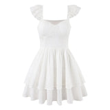 Purpdrank  Sexy White Embroidery Lace Pad Bra Corset style Wood ears Strap Mini Tank Dress Women 2 Layers Ruffles Swing Dresses Vestdios
