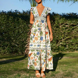 Purpdrank  Tropical Floral Print Season Long Dress Women Sexy V-neck Ruffle Sleeve Holiday Dress Elegant Hight Waist Pleated Party Dresses
