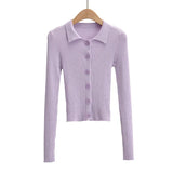 Purpdrank  CHIC Retro Knitting Single Breasted Button Lapel Cardigan Sweater Woman Stripe line Long Sleeve Jumper Knitted Knitwear