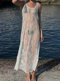 Purpdrank  Women Summer Bikini Cover-Up Sleeveless U-Neck Lace Floral Mesh Sheer Loose Long Dress women