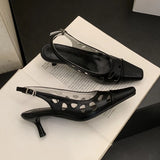 Purpdrank  Elegant White Hollow Heels for Women Fashion Square Toe Buckle Mule Shoes Luxury Brand Designer Pumps Comfort office formal shoe