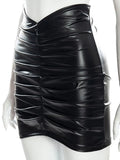 Purpdrank  Elegant Solid PU Leather Ruched Bodycon Skirt for Women Fashion Office Lady Mini Skirt