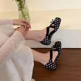 Purpdrank  Women's Elegant Pink Satin Ballet Shoes Square Toe Cross Strap Polka Dot Bow Mary Jane Shoes Inside Mid Heel Casual Pumps