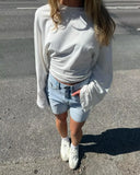 Purpdrank  Long Sleeve Pleated T Shirt Women's O Neck Solid Classic Loose Pullover Tops Female Autumn Simple Casual T Shirts