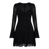 Purpdrank  Sexy Sparkly Sheer Mesh Party Dress Women Fashion Black Tie-up Low Cut Front Long Sleeve A Line Mini Midnight Club Dress