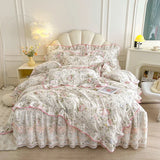 Purpdrank  100% Cotton Vintage Pastoral Style Rose Flowers Print Ruffles Bedding Set Duvet Cover Set Bow Lace Quilted Bed Skirt Pillowcases