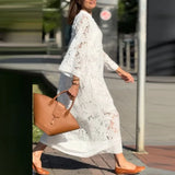 Purpdrank  Autumn Sexy Lace Embroidery Cover Up Dress Women Elegant V-neck Long Sleeves Long Dress Spring Casual Loose Solid Party Dresses