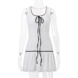 Purpdrank  y2k Dress Women Summer Lace Patchwork Sleeveless Tie-up Front Ruffle Pleated Mini Dress 2000s Evening Party Dresses