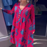 Purpdrank  Autumn Elegant V-neck Button Midi Dress Women's Fashion Pattern Printed Loose A-Line Dress Casual Long Sleeve Holiday Dress