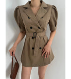 Purpdrank  Summer Vintage Double Breasted Women's Short Blazer Dresses Sashes 2025 New Short Sleeve Casual Loose Mini Dress Female