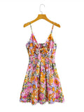 Purpdrank  Sexy Colored Flower Print Tide Bow V neck Mini Sling Dress Women Slim Elastic Waist Party Skater Short Sling Robe Holiday
