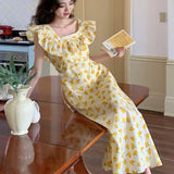 Purpdrank  French Floral Dress Female Summer Slim Square Collar Temperament Ruffled Long Skirt