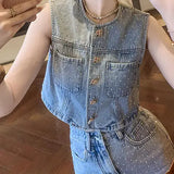 Purpdrank  In The Summer of 2025, High Waist and Slim Denim Sleeveless Vest and Hip Skirt Women's Fashion Two-piece Suit Women