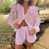 Purpdrank  Women Ruffles Set Long Puff Sleeve Babydoll Blouse Shirt Coquette Eyelet Shorts Set 2 Piece Outfit 90s Vintage Y2k Streetwear