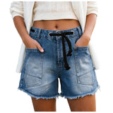 Purpdrank  Women's Blush Denim Shorts High Waist Frayed Hem Drawstring Casual Summer Jean Shorts American Retro Wide Leg A Line Hot Pants