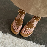Purpdrank   Women's Black Cow Suede Low Heel Sandal Summer Fashion Studded Decor Thong Sandals Ankle Strap Slip-On Summer Beach Shoes