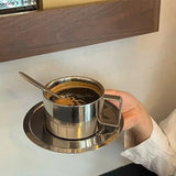 Purpdrank  Korean Ins Coffee Cup Set 304 Stainless Steel Insulated Coffee Cup Afternoon Tea Mug Dish Spoon Household Retro Tableware Set