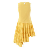 Purpdrank  Fashion Yellow Spliced Irregular Ruffles Hem Sleeveless Dress Women O neck Side Waist Midi Long Dresses Femme Vestidos Robe