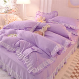 Purpdrank  Purple Bedding Sets Kawaii Seersucker Bed Sheet Pillowcase Fashion Girl Princess Duvet Cover Set 4 Pieces Cute Home Decoration