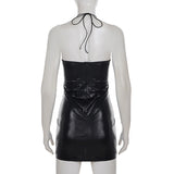 Purpdrank  Sexy Slim Lace Halter Dress See Through Patchwork Pu Leather V-Neck Sleeveless Mini Dresses For Women Summer Party Clubwear Lady