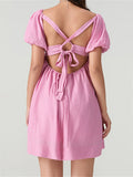 Purpdrank  Women Summer Short Mini Dress Solid Short Puff Sleeve Square Neck Backless Criss-Cross Tie-up Dress Vestidos