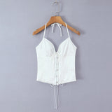 Purpdrank  Sexy White Satin Bow Halter V neck Open Hook Buttons Slim Tank Top Women Cross Lacing Up Bandage Back Backless Tee Summer Vest