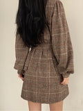 Purpdrank  Autumnal Midi Dr with Single Button Closure Puff Sves Waist Cinching Chic Retro Sle Long Sve Commute Wear