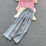 Purpdrank - Women Sweet Korean Pink Sweet 3 Pieces Set For Women Knitted Sling Vest +sunscreen+floral Print Wide Leg Denim Long Pants Suits