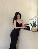 Purpdrank  Elegant Black Midi Dress Women Fashion Party Prom Sexy Lace Backless Dresses Summer Gyaru Korean Straps Bodycon Vestidos