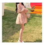 Purpdrank  Summer New Style Korean Version Slimming Pink Rose Print Hanging Neck Dress Short Princess Skirt No Sleeve High Waist
