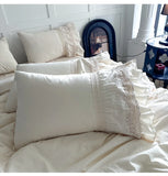 Purpdrank  Pink Luxury Princess Wedding Lace Ruffles 100% Cotton Bedding Set Duvet Cover Bed Sheet/Bed Skirt/Fitted Sheet Pillowcases 4Pcs