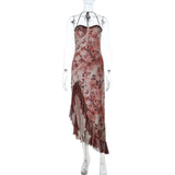 Purpdrank  Women's Elegant Floral Print Halter Neck Bodycon Midi Dress Ruffle Hem High Slit Party Dress
