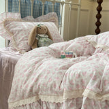 Purpdrank  French Floral Lace Ruffles Bedding Set Double Layer Yarn Pure Cotton Duvet Cover Set Pillowcases With Flat/Fitted Bed Sheet 4Pcs