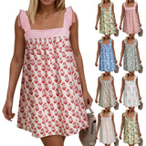 Purpdrank  Summer Sundresses For Women Square Neck Sleeveless Short Dress Bow Tie Floral Print Casual Midi Dresses Ruffle Hem Boho Dresses