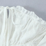 Purpdrank  Stylish White Embroidery Hollow Out Flower Slash Shoulder Short Sleeve Tank Top Women Elastic Waist Ruffles Hem Crop Tops