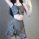 Purpdrank  Women Retro Houndstooth Ruffle Bow Sweet Two Piece Swimsuit Y2K Lace-up Adjustable Strap Tankini Set Sexy High Waist Mini Skirt