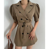 Purpdrank  Summer Vintage Double Breasted Women's Short Blazer Dresses Sashes 2025 New Short Sleeve Casual Loose Mini Dress Female