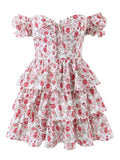 Purpdrank  Women Sexy Flower Print Cross Bandage Off Shoulder Dress Fold Elastic Back 3 layer Wood Ears Ruffles Hem Cake Mini Holiday Robe