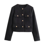 Purpdrank  Women's Clothing Spring Autumn Bomber Jacket New Crop Tops Round Neck Multiple Pockets Coat Single Breasted Long Sleeves Blazer