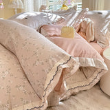 Purpdrank  Korean Princess Style Floral Prints Ruffles Bedding Set Double Layer Yarn 100% Cotton Duvet Cover Pillowcases Bed Sheet 4Pcs