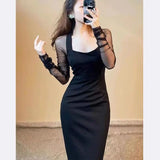 Purpdrank  Summer New Style French Square Neck Niche Gauze Sleeve Splicing Dress Sexy and Versatile Little Black Vintage Dress