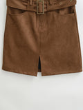 Purpdrank  New Autumn Sexy With Buckle Belt High Waist Suede Pencil Skirt for Women Above Knee Length Package Hips Front Slit Skirts Khaki