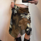 Purpdrank  Brown Floral Print Mesh Asymmetrical Skirt Low Rise Midi Skirts Woman Fall Fashion 2000s Clothing Y2k Clothing