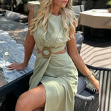 Purpdrank  Casual Commuting Women's A-line Dresses Summer Sleeveless Hollow Out Irregular Dress Sexy Slim Fit Split Solid Color Long Dress