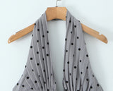 Purpdrank  Sexy Gray Flocking Dot V neck Pleated Ruched Halter Dress Women Backless Slim Low Waist Swing Ball Gown Short Dresses Robe