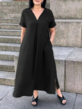 Purpdrank  Summer Fashion Elegant Women's Dress V-neck Cotton Linen Solid Color Pleated Short Sleeve Casual Pocket Split Long Dress