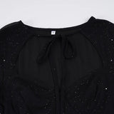 Purpdrank  Sexy Sparkly Sheer Mesh Party Dress Women Fashion Black Tie-up Low Cut Front Long Sleeve A Line Mini Midnight Club Dress