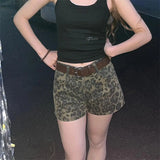 Purpdrank  Vintage Washed Street Style Leopard Print Shorts for Women, High-Waisted Skinny Wide-leg Hot Pants with Retro Charm